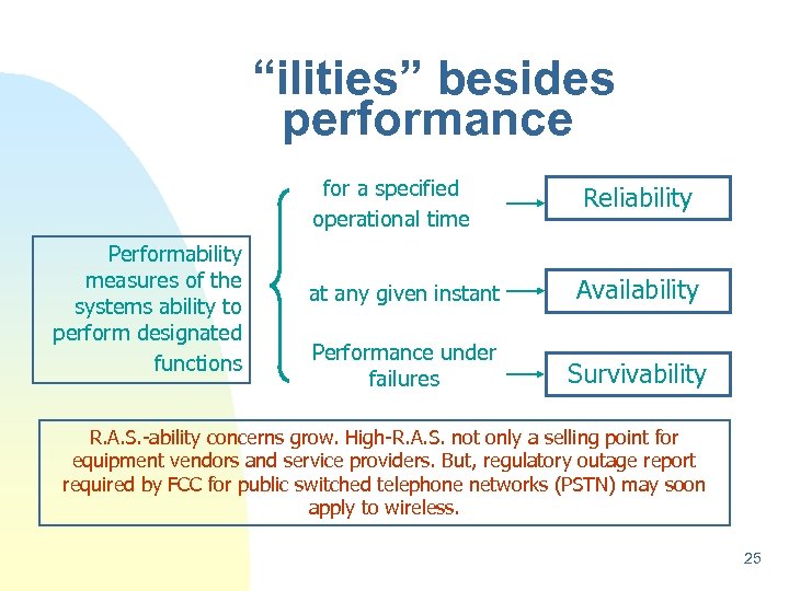 “ilities” besides performance for a specified operational time Performability measures of the systems ability