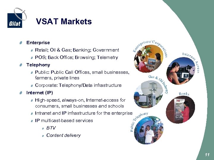 VSAT Markets Enterprise Retail; Oil & Gas; Banking; Government POS; Back Office; Browsing; Telemetry