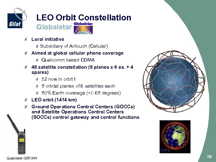 LEO Orbit Constellation Globalstar Loral initiative Subsidiary of Airtouch (Cellular) Aimed at global cellular