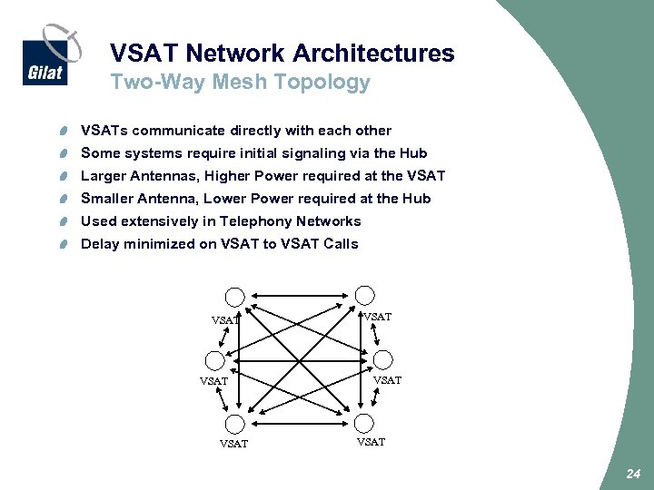 VSAT Network Architectures Two-Way Mesh Topology VSATs communicate directly with each other Some systems