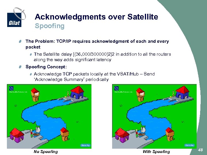 Acknowledgments over Satellite Spoofing The Problem: TCP/IP requires acknowledgment of each and every packet