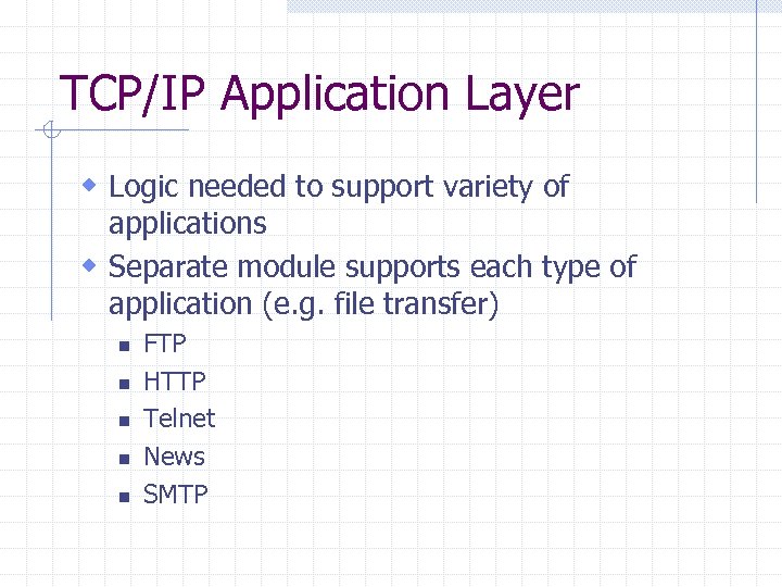 TCP/IP Application Layer w Logic needed to support variety of applications w Separate module