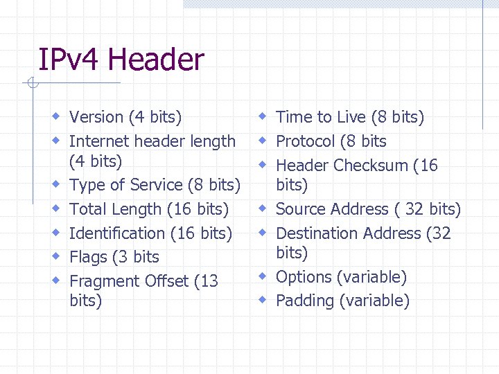 IPv 4 Header w Version (4 bits) w Internet header length w w w