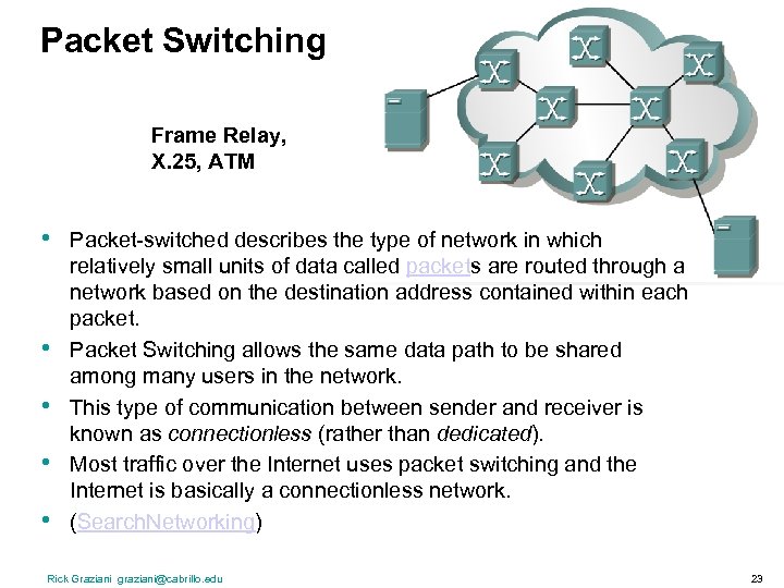 Packet Switching Frame Relay, X. 25, ATM • • • Packet-switched describes the type