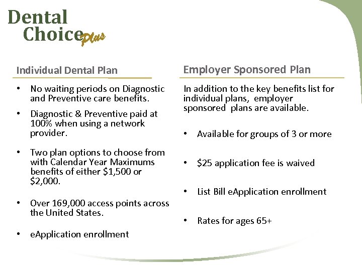 Dental Choice. Plus Individual Dental Plan Employer Sponsored Plan • No waiting periods on
