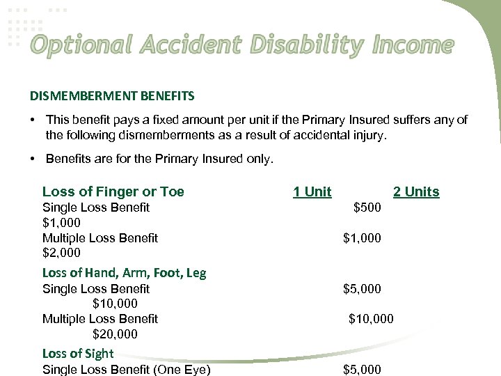 DISMEMBERMENT BENEFITS • This benefit pays a fixed amount per unit if the Primary