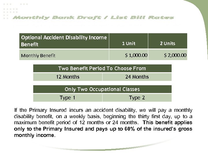 Optional Accident Disability Income Benefit 1 Unit $ 1, 000. 00 Monthly Benefit 2
