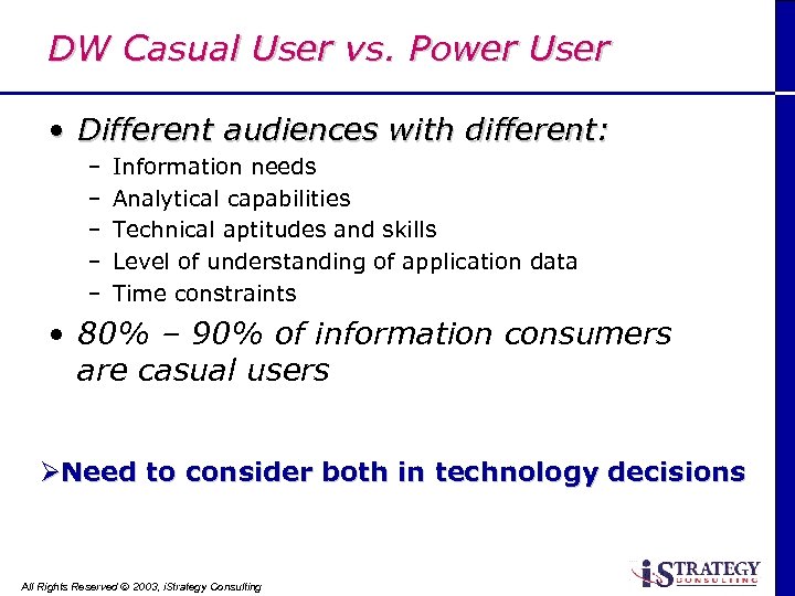 DW Casual User vs. Power User • Different audiences with different: – – –