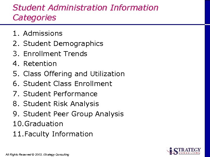 Student Administration Information Categories 1. Admissions 2. Student Demographics 3. Enrollment Trends 4. Retention
