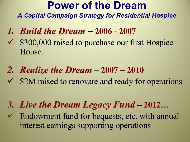 Power of the Dream A Capital Campaign Strategy for Residential Hospice 1. Build the