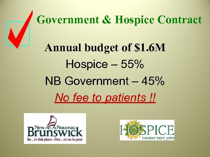 Government & Hospice Contract Annual budget of $1. 6 M Hospice – 55% NB