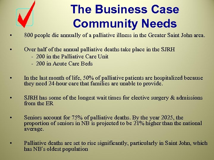 The Business Case Community Needs • 800 people die annually of a palliative illness