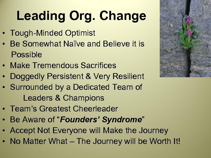 Leading Org. Change • Tough-Minded Optimist • Be Somewhat Naïve and Believe it is
