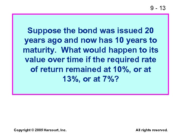 9 - 13 Suppose the bond was issued 20 years ago and now has