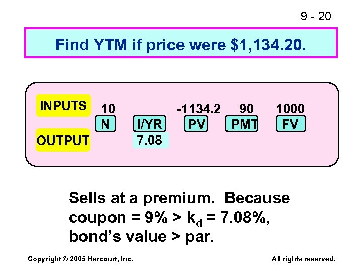 9 - 20 Find YTM if price were $1, 134. 20. INPUTS 10 N
