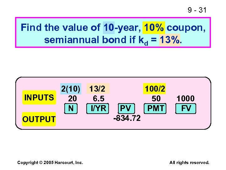 9 - 31 Find the value of 10 -year, 10% coupon, semiannual bond if