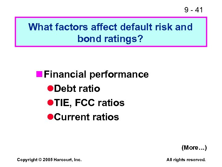 9 - 41 What factors affect default risk and bond ratings? n Financial performance