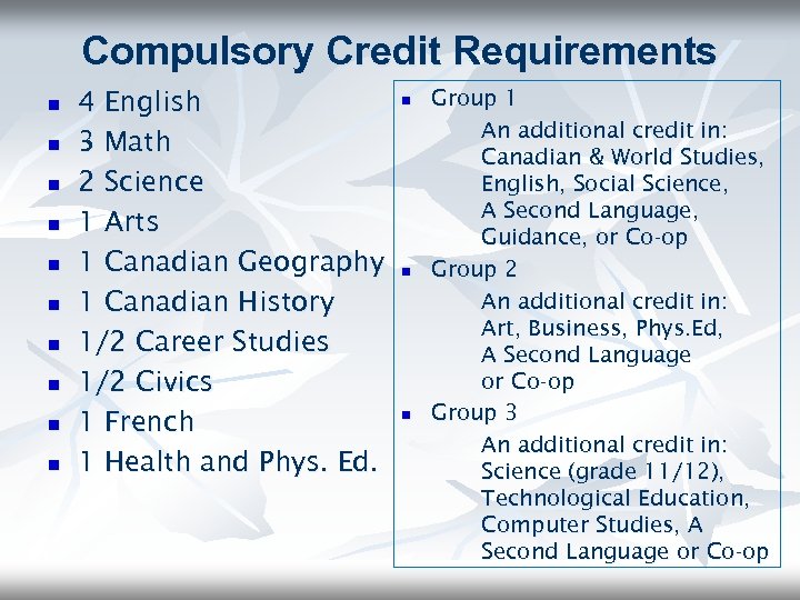 Compulsory Credit Requirements n n n n n 4 English 3 Math 2 Science