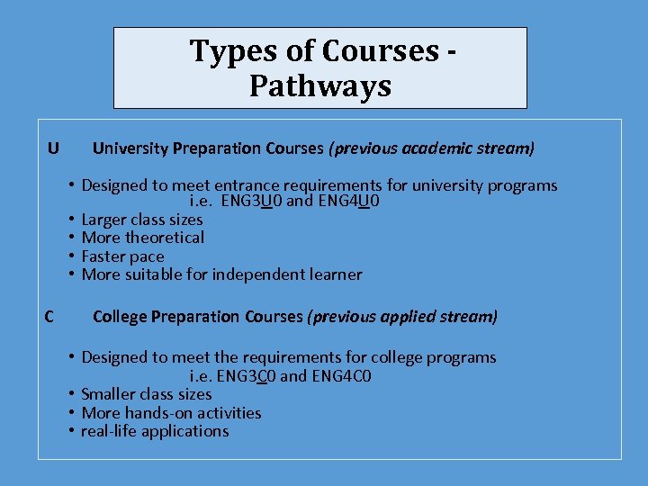 Types of Courses Pathways U University Preparation Courses (previous academic stream) • Designed to