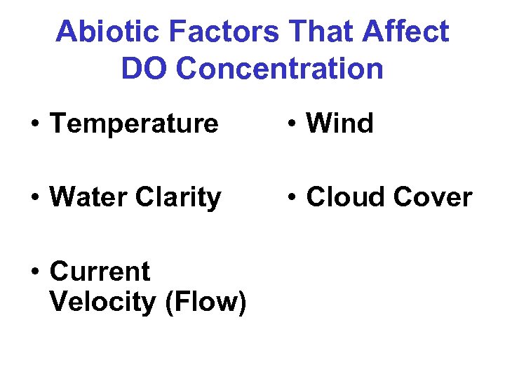 Abiotic Factors That Affect DO Concentration • Temperature • Wind • Water Clarity •