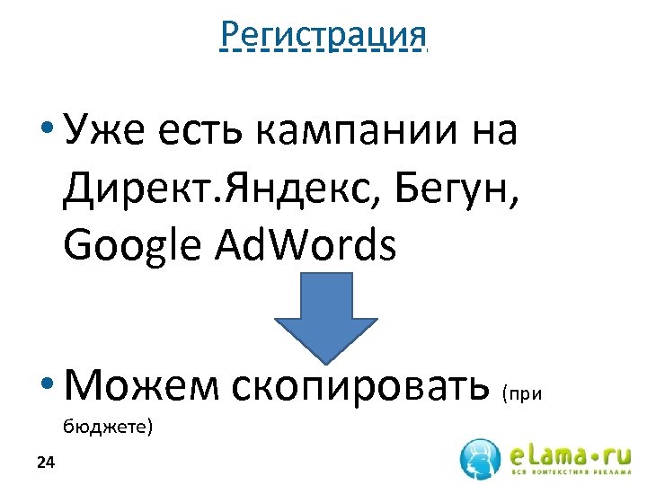 Регистрация • Уже есть кампании на Директ. Яндекс, Бегун, Google Ad. Words • Можем