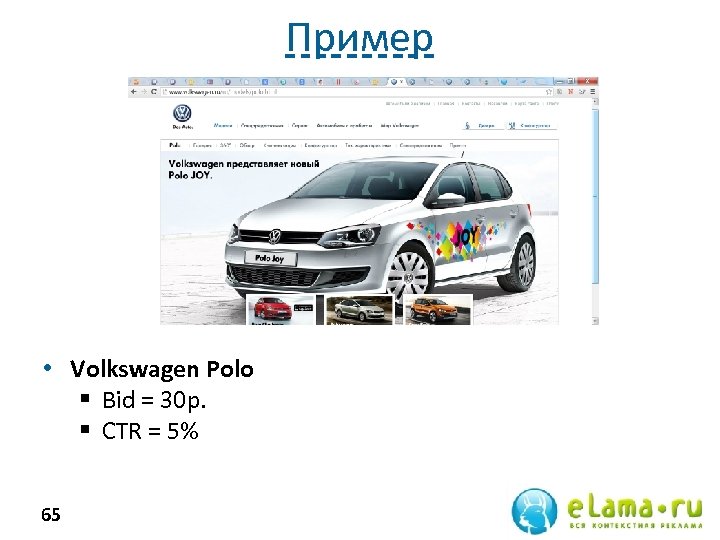 Пример • Volkswagen Polo § Bid = 30 р. § СTR = 5% 65