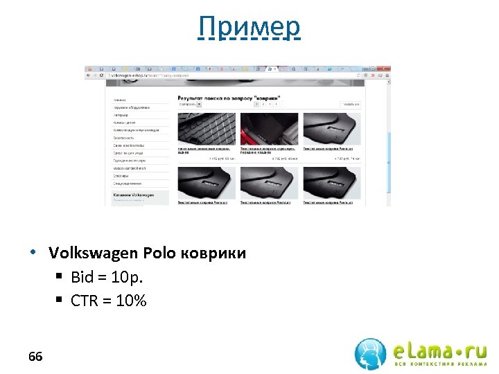 Пример • Volkswagen Polo коврики § Bid = 10 р. § СTR = 10%