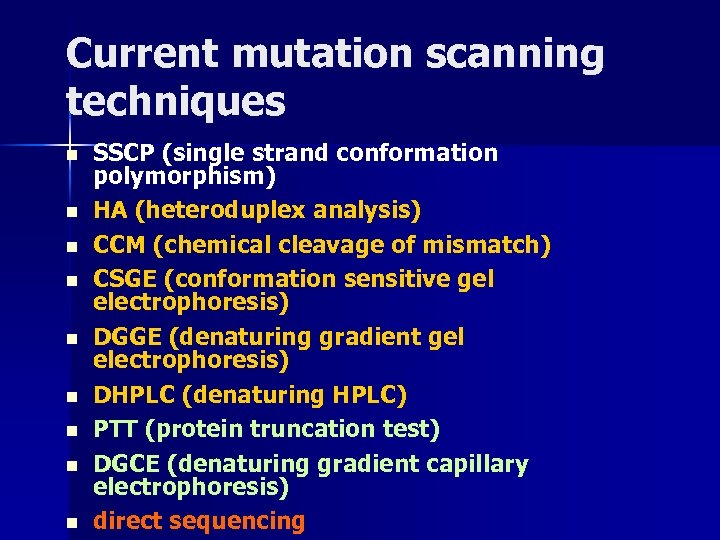 Current mutation scanning techniques n n n n n SSCP (single strand conformation polymorphism)