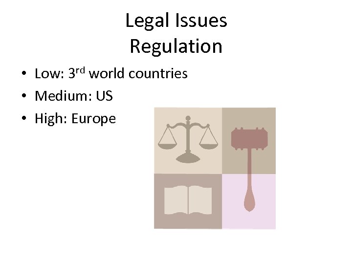 Legal Issues Regulation • Low: 3 rd world countries • Medium: US • High: