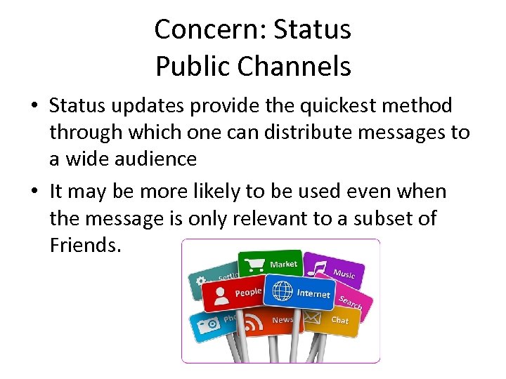 Concern: Status Public Channels • Status updates provide the quickest method through which one
