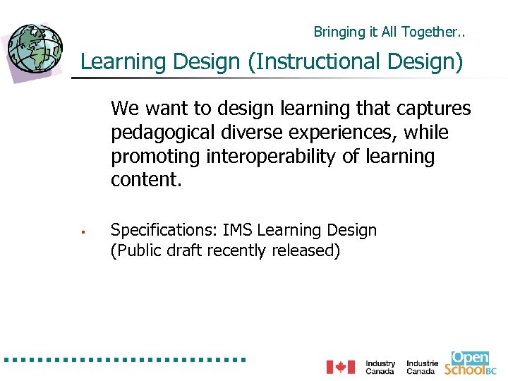 Bringing it All Together. . Learning Design (Instructional Design) We want to design learning