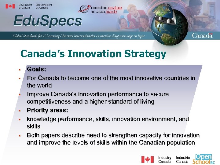 Canada’s Innovation Strategy § § § Goals: For Canada to become one of the