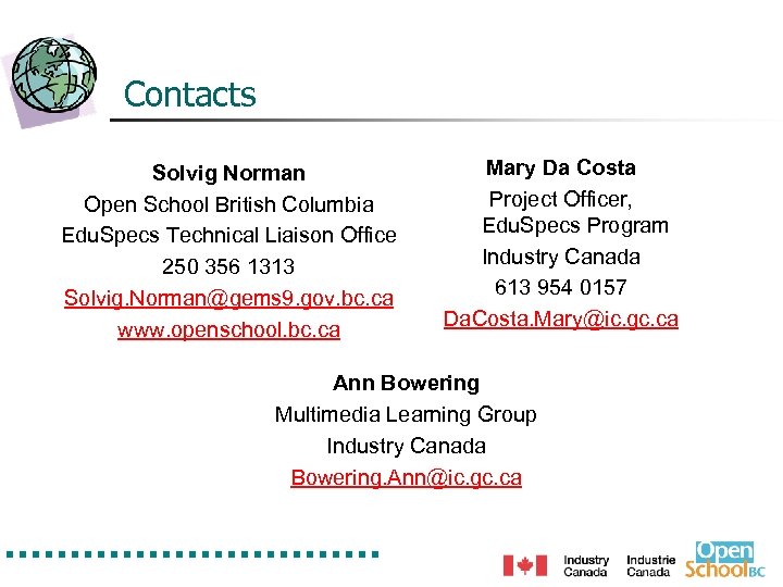 Contacts Solvig Norman Open School British Columbia Edu. Specs Technical Liaison Office 250 356