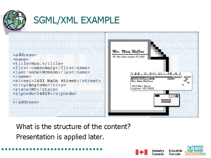 SGML/XML EXAMPLE What is the structure of the content? Presentation is applied later. 