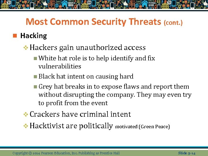 Most Common Security Threats (cont. ) n Hacking v Hackers gain unauthorized access n