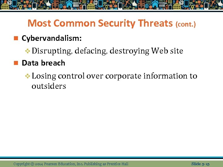 Most Common Security Threats (cont. ) Cybervandalism: v Disrupting, defacing, destroying Web site n