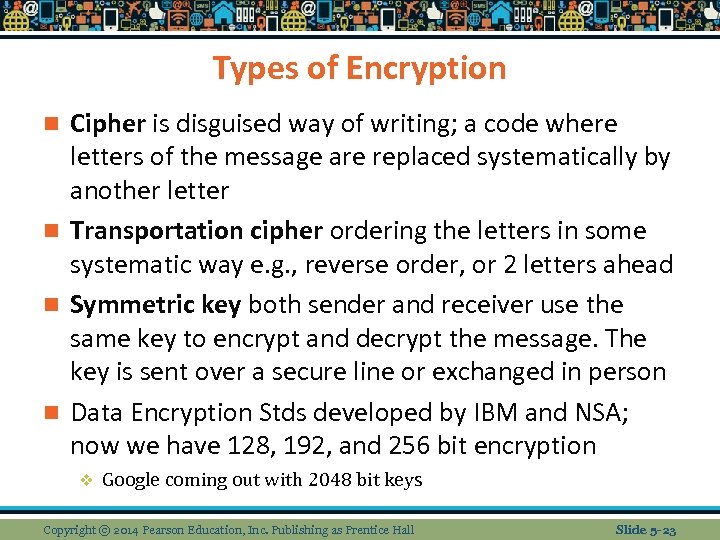 Types of Encryption Cipher is disguised way of writing; a code where letters of