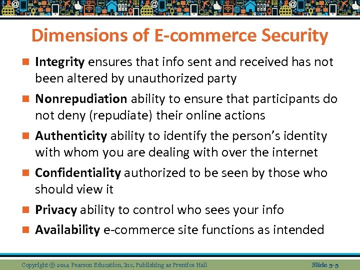 Dimensions of E-commerce Security n n n Integrity ensures that info sent and received