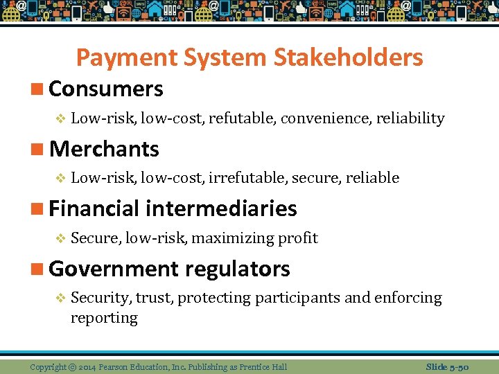 Payment System Stakeholders n Consumers v Low-risk, low-cost, refutable, convenience, reliability n Merchants v