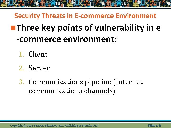 Security Threats in E-commerce Environment n Three key points of vulnerability in e -commerce