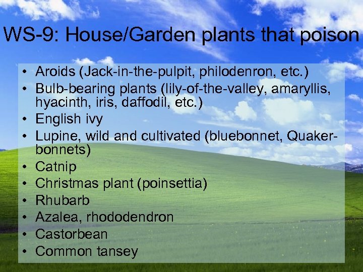WS-9: House/Garden plants that poison • Aroids (Jack-in-the-pulpit, philodenron, etc. ) • Bulb-bearing plants