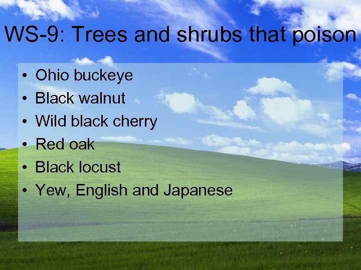 WS-9: Trees and shrubs that poison • • • Ohio buckeye Black walnut Wild