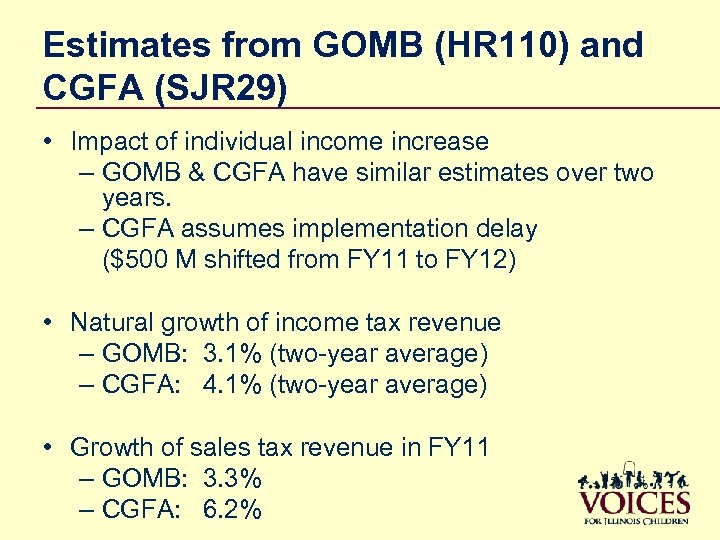 Estimates from GOMB (HR 110) and CGFA (SJR 29) • Impact of individual income