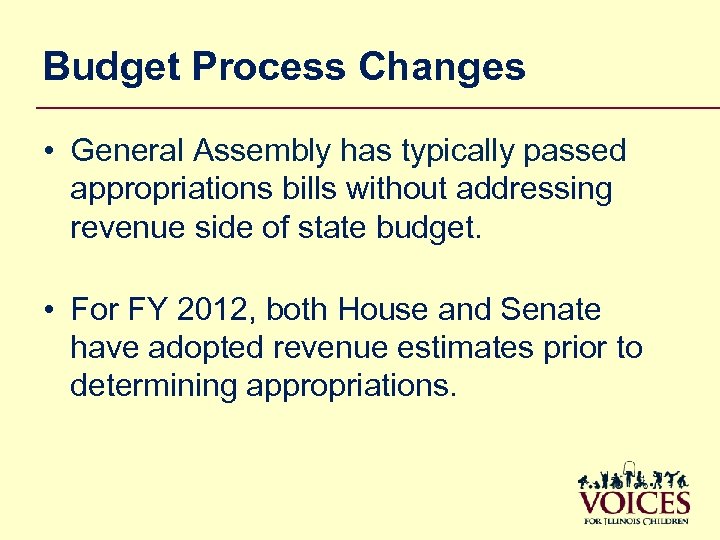 Budget Process Changes • General Assembly has typically passed appropriations bills without addressing revenue