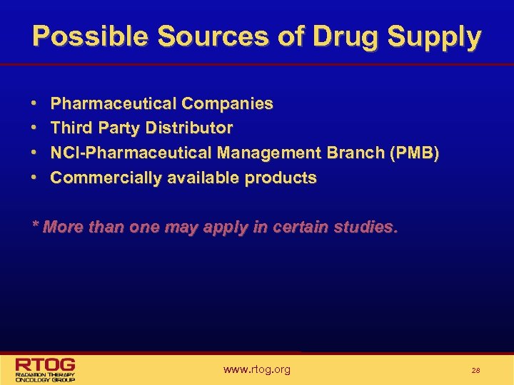 Possible Sources of Drug Supply • • Pharmaceutical Companies Third Party Distributor NCI-Pharmaceutical Management