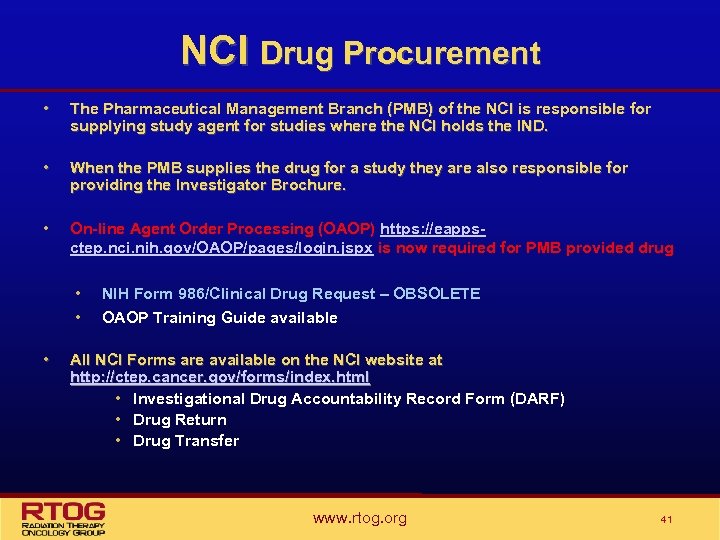 NCI Drug Procurement • The Pharmaceutical Management Branch (PMB) of the NCI is responsible