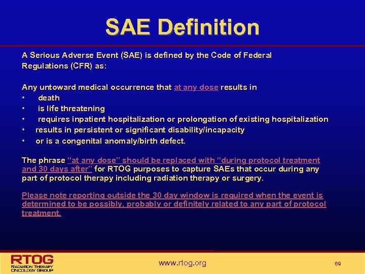 SAE Definition A Serious Adverse Event (SAE) is defined by the Code of Federal