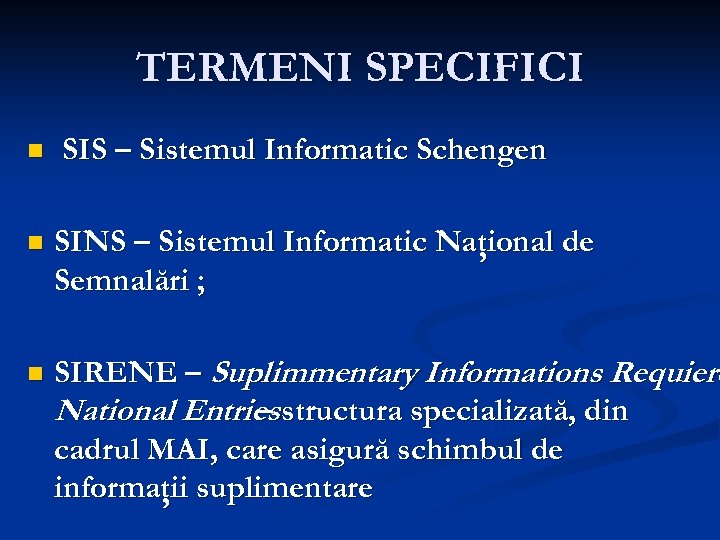 TERMENI SPECIFICI n SIS – Sistemul Informatic Schengen n SINS – Sistemul Informatic Naţional