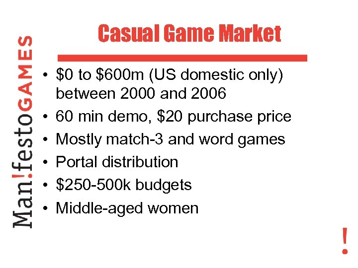 Casual Game Market • $0 to $600 m (US domestic only) between 2000 and