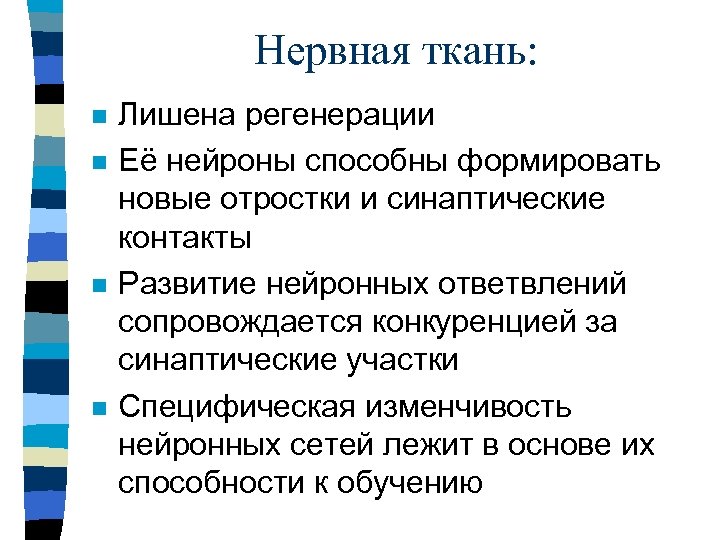 Нервная ткань: n n Лишена регенерации Её нейроны способны формировать новые отростки и синаптические